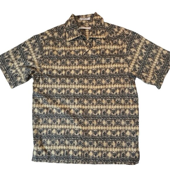 GEOFFREY BEANE Tribal Leaf Button Up Hawaiian Shirt Men Small Taupe Multi Casual - Picture 12 of 13